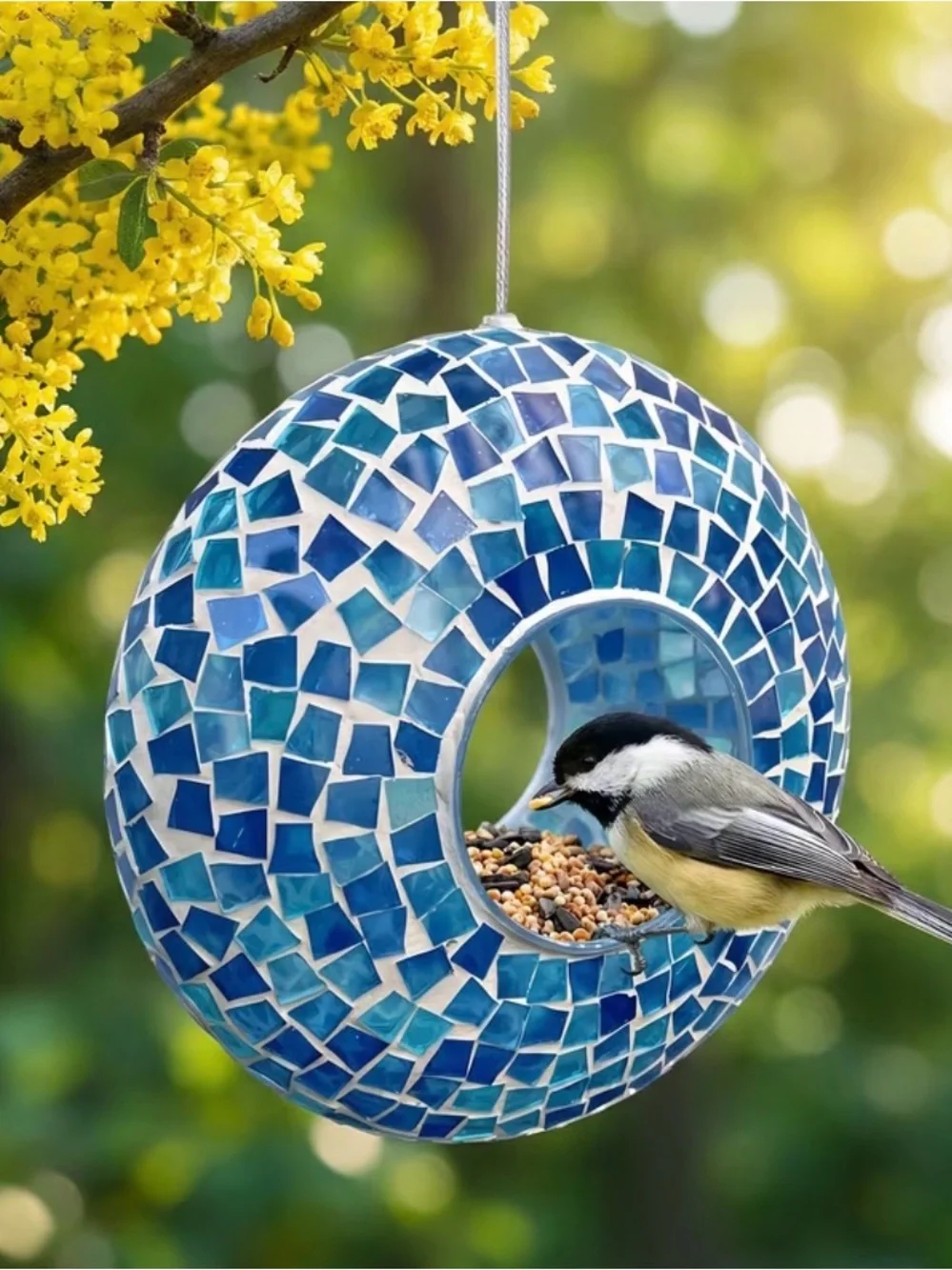 9.25” Blue Mosaic Hanging Bird Feeder - Decorative Outdoor Seed Feeder